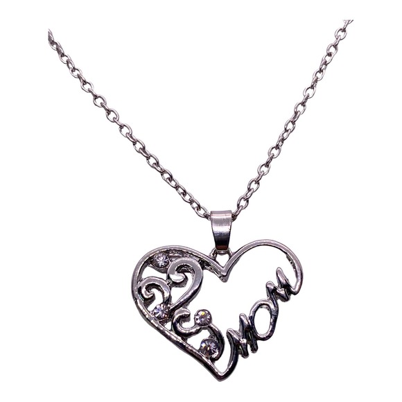 20" Silver Filigree Imitation Diamond Mom Heart Necklace Necklace - Picture 2 of 6
